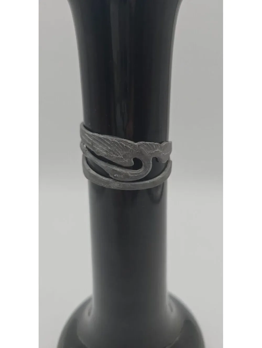Vintage WMF Black Hyalith Glass Vase Pewter Swan Mount Germany Art Deco